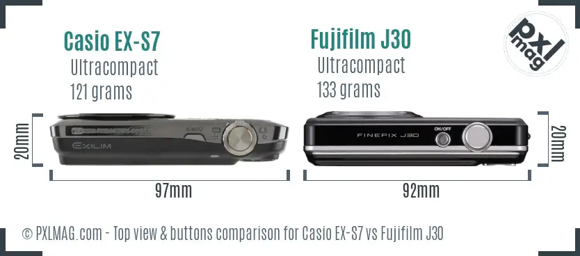 Casio EX-S7 vs Fujifilm J30 top view buttons comparison