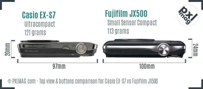 Casio EX-S7 vs Fujifilm JX500 top view buttons comparison
