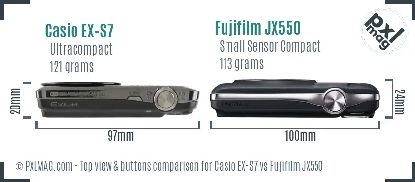 Casio EX-S7 vs Fujifilm JX550 top view buttons comparison Casio EX-S7 vs Fujifilm JX550 top view buttons comparison