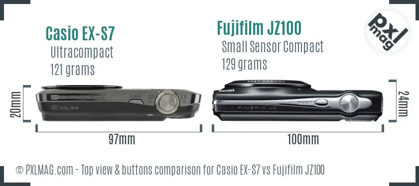 Casio EX-S7 vs Fujifilm JZ100 top view buttons comparison Casio EX-S7 vs Fujifilm JZ100 top view buttons comparison