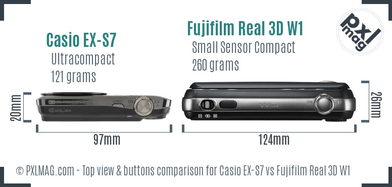 Casio EX-S7 vs Fujifilm Real 3D W1 top view buttons comparison