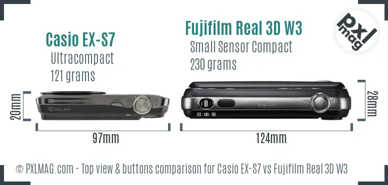 Casio EX-S7 vs Fujifilm Real 3D W3 top view buttons comparison