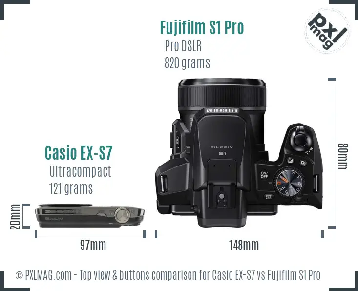 Casio EX-S7 vs Fujifilm S1 Pro top view buttons comparison Casio EX-S7 vs Fujifilm S1 Pro top view buttons comparison