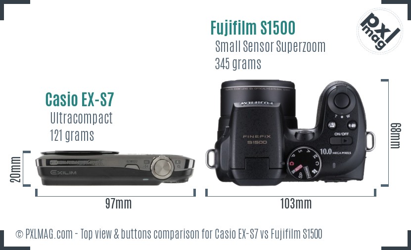 Casio EX-S7 vs Fujifilm S1500 top view buttons comparison