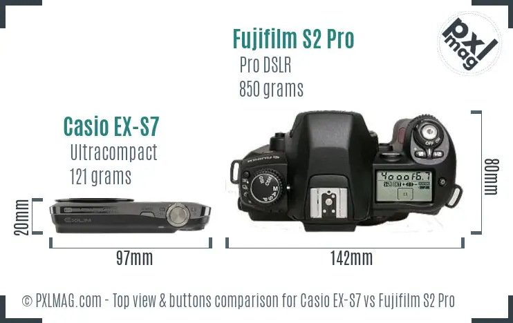Casio EX-S7 vs Fujifilm S2 Pro top view buttons comparison Casio EX-S7 vs Fujifilm S2 Pro top view buttons comparison