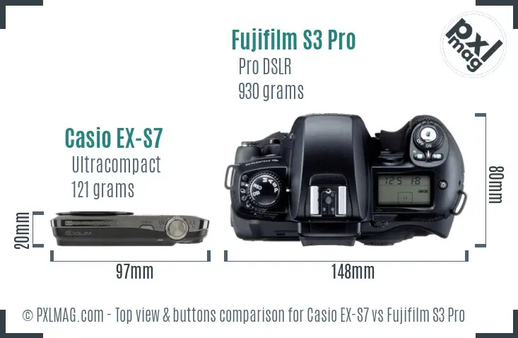 Casio EX-S7 vs Fujifilm S3 Pro top view buttons comparison Casio EX-S7 vs Fujifilm S3 Pro top view buttons comparison