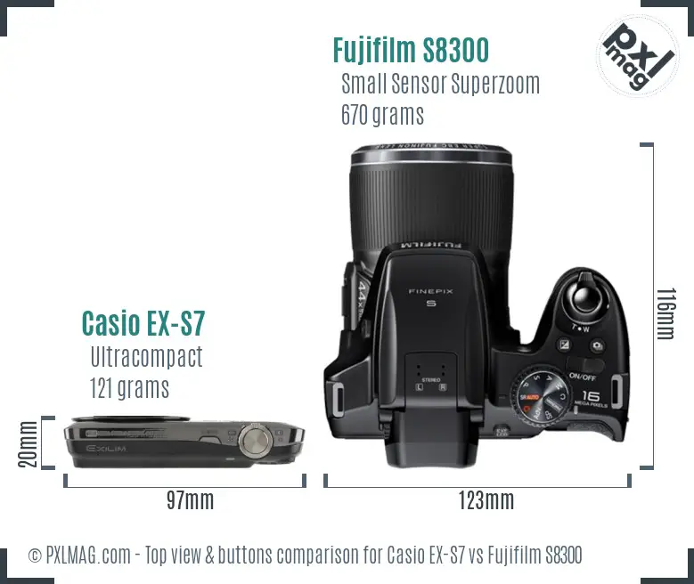 Casio EX-S7 vs Fujifilm S8300 top view buttons comparison