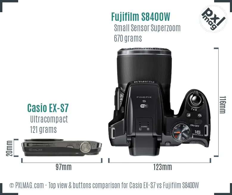 Casio EX-S7 vs Fujifilm S8400W top view buttons comparison Casio EX-S7 vs Fujifilm S8400W top view buttons comparison