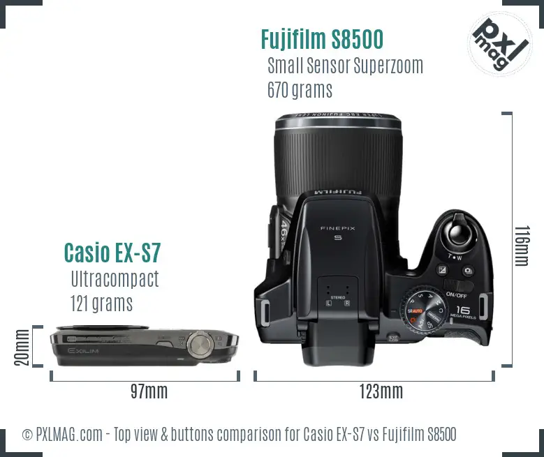 Casio EX-S7 vs Fujifilm S8500 top view buttons comparison