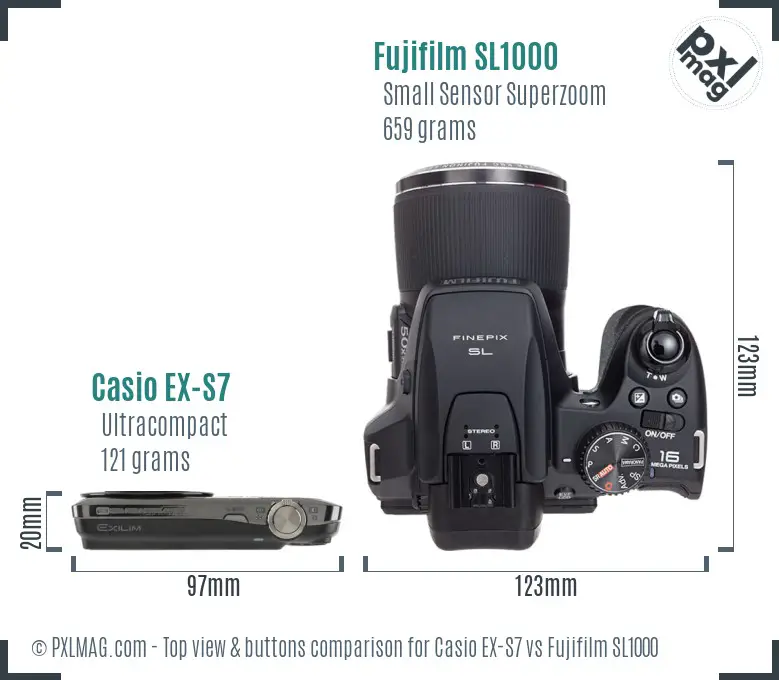 Casio EX-S7 vs Fujifilm SL1000 top view buttons comparison