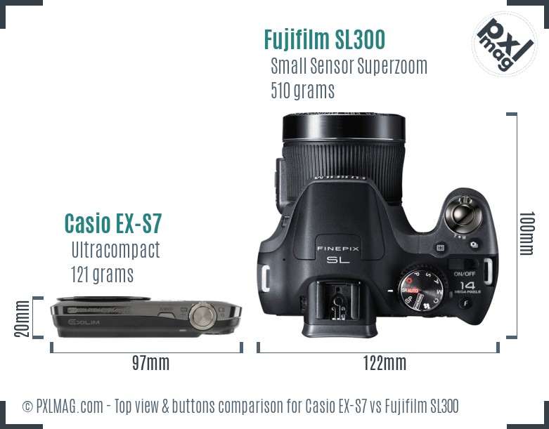 Casio EX-S7 vs Fujifilm SL300 top view buttons comparison