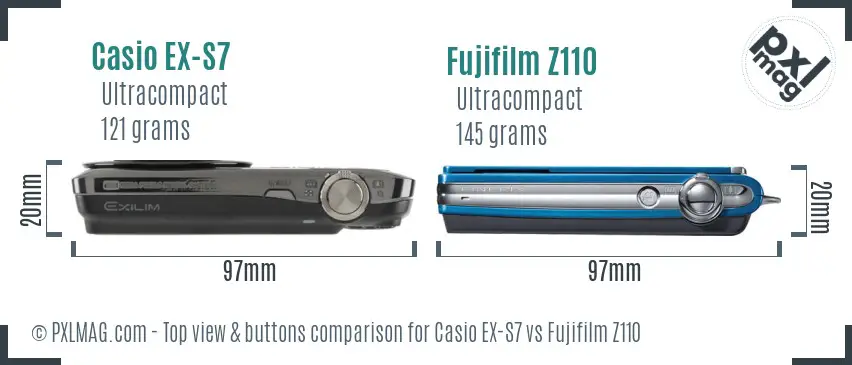 Casio EX-S7 vs Fujifilm Z110 top view buttons comparison