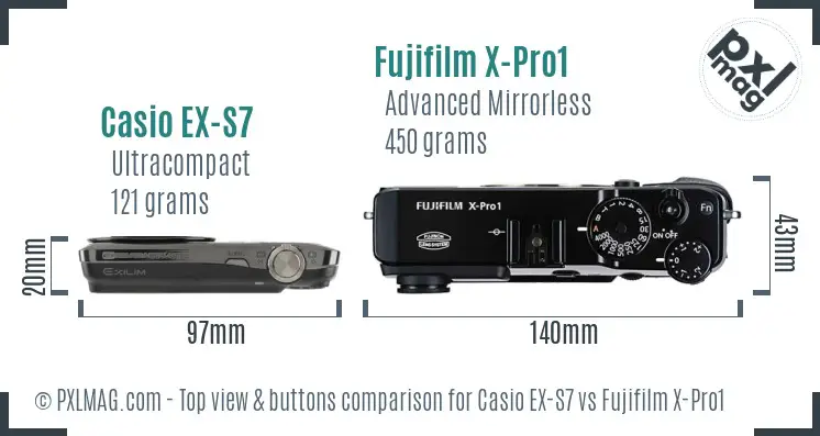 Casio EX-S7 vs Fujifilm X-Pro1 top view buttons comparison