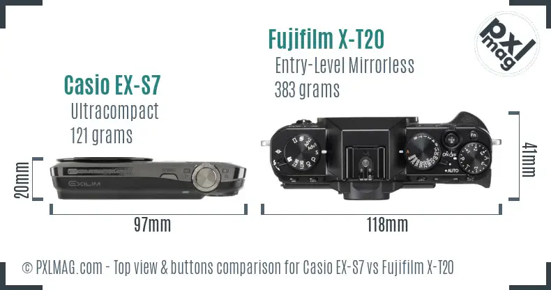 Casio EX-S7 vs Fujifilm X-T20 top view buttons comparison