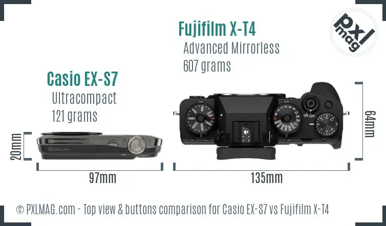 Casio EX-S7 vs Fujifilm X-T4 top view buttons comparison