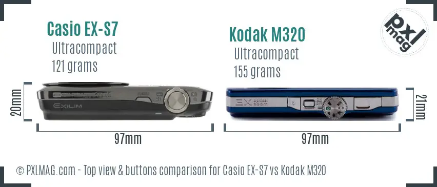 Casio EX-S7 vs Kodak M320 top view buttons comparison