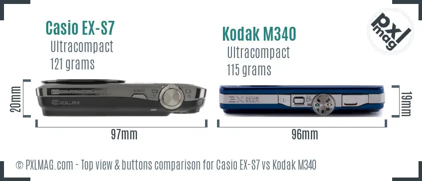 Casio EX-S7 vs Kodak M340 top view buttons comparison Casio EX-S7 vs Kodak M340 top view buttons comparison