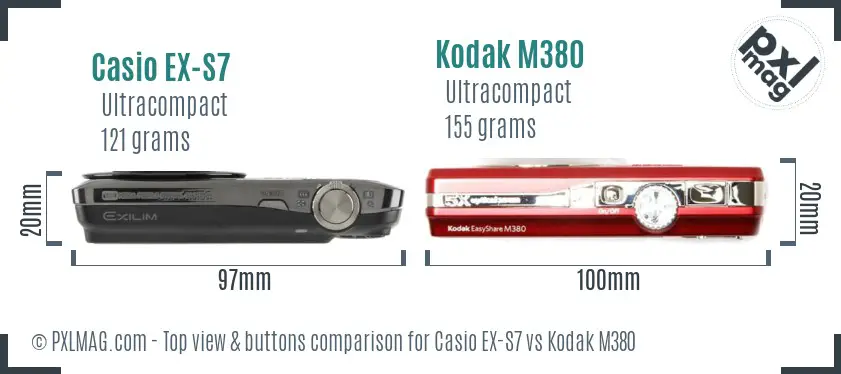 Casio EX-S7 vs Kodak M380 top view buttons comparison