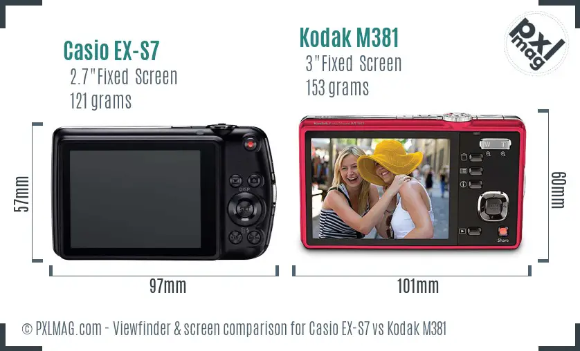 Casio EX-S7 vs Kodak M381 Screen and Viewfinder comparison