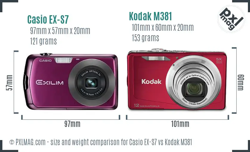 Casio EX-S7 vs Kodak M381 size comparison
