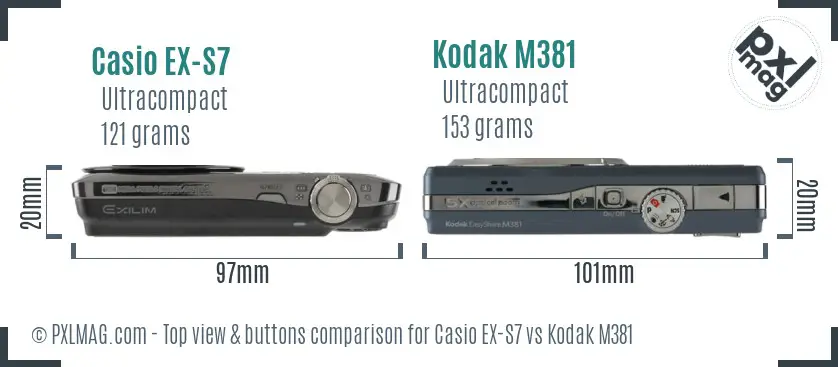 Casio EX-S7 vs Kodak M381 top view buttons comparison