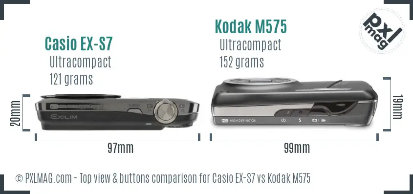 Casio EX-S7 vs Kodak M575 top view buttons comparison