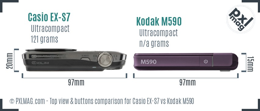 Casio EX-S7 vs Kodak M590 top view buttons comparison