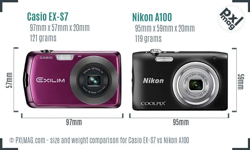 Casio EX-S7 vs Nikon A100 size comparison