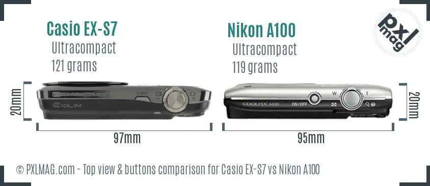 Casio EX-S7 vs Nikon A100 top view buttons comparison