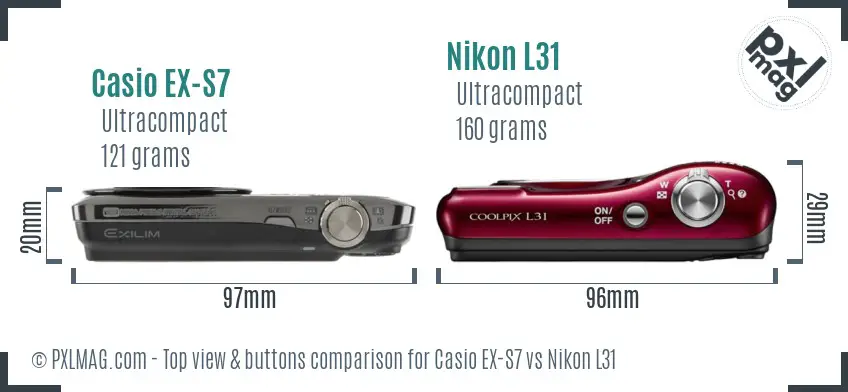 Casio EX-S7 vs Nikon L31 top view buttons comparison