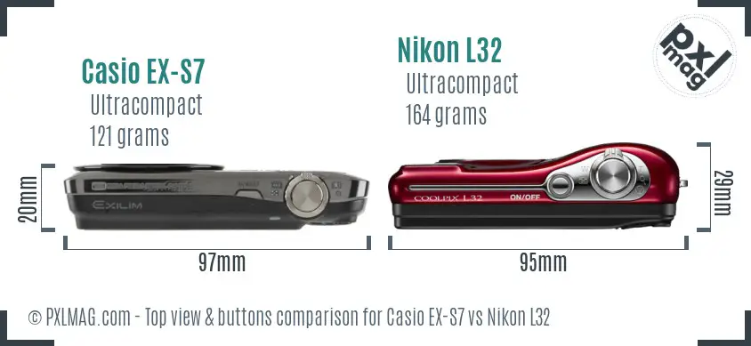 Casio EX-S7 vs Nikon L32 top view buttons comparison