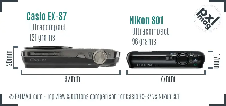 Casio EX-S7 vs Nikon S01 top view buttons comparison