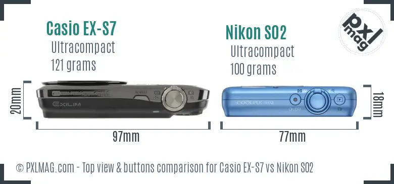 Casio EX-S7 vs Nikon S02 top view buttons comparison