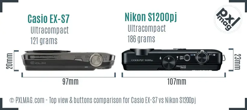 Casio EX-S7 vs Nikon S1200pj top view buttons comparison