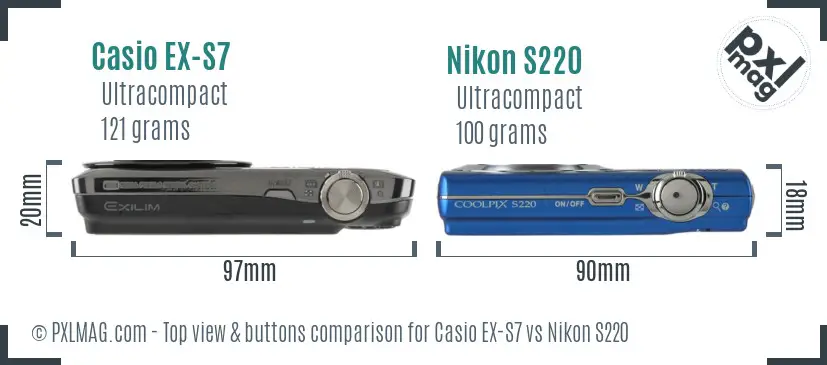 Casio EX-S7 vs Nikon S220 top view buttons comparison