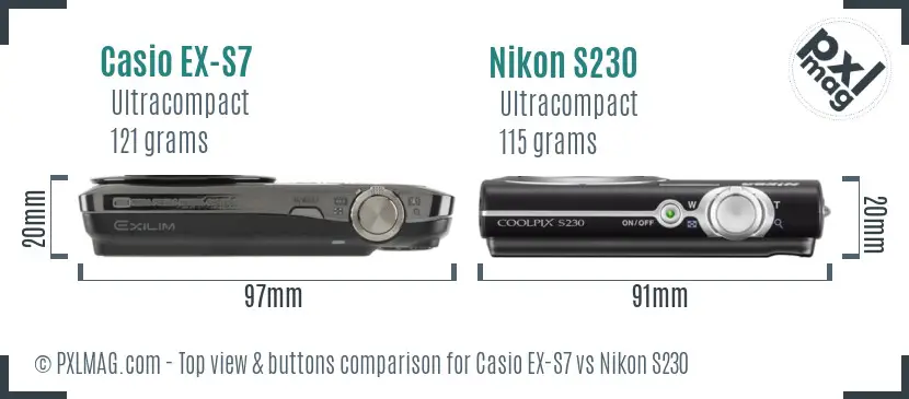 Casio EX-S7 vs Nikon S230 top view buttons comparison