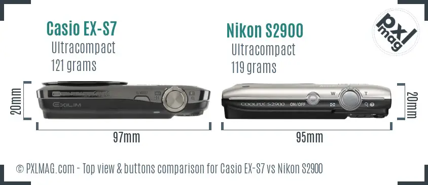 Casio EX-S7 vs Nikon S2900 top view buttons comparison Casio EX-S7 vs Nikon S2900 top view buttons comparison