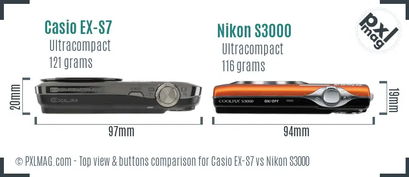 Casio EX-S7 vs Nikon S3000 top view buttons comparison Casio EX-S7 vs Nikon S3000 top view buttons comparison