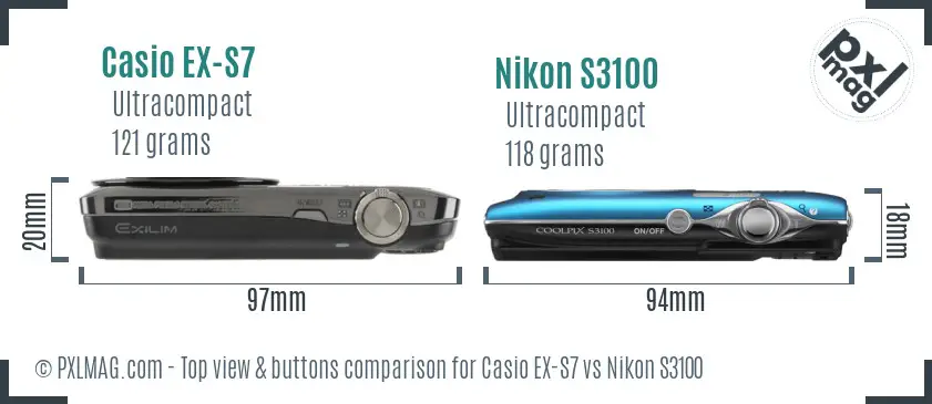 Casio EX-S7 vs Nikon S3100 top view buttons comparison