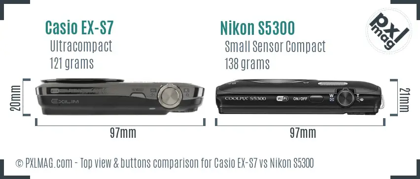 Casio EX-S7 vs Nikon S5300 top view buttons comparison