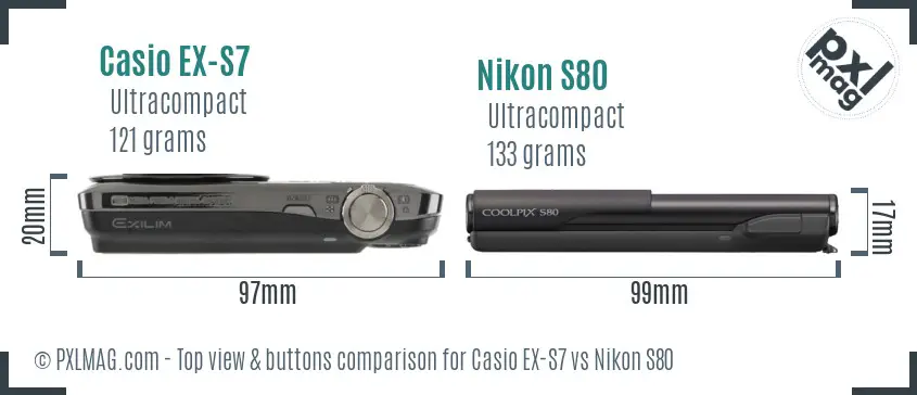 Casio EX-S7 vs Nikon S80 top view buttons comparison