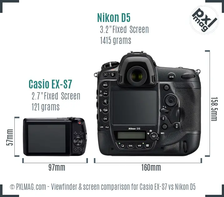 Casio EX-S7 vs Nikon D5 Screen and Viewfinder comparison