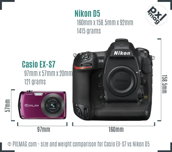 Casio EX-S7 vs Nikon D5 size comparison