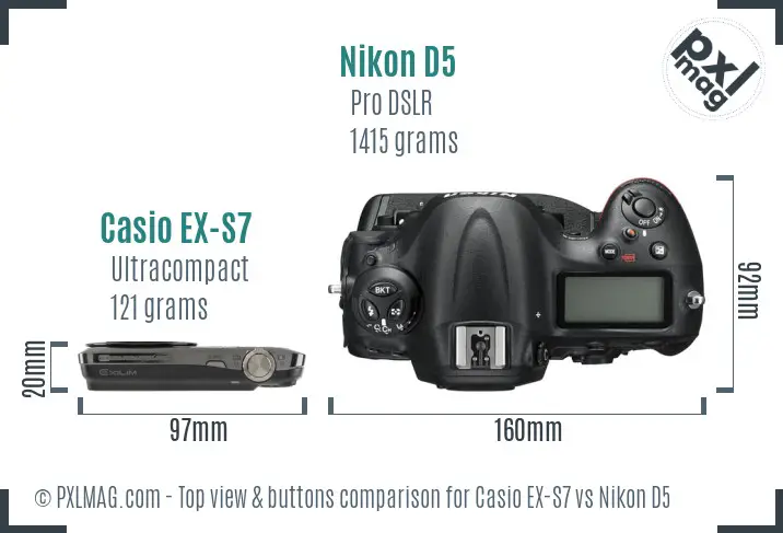 Casio EX-S7 vs Nikon D5 top view buttons comparison