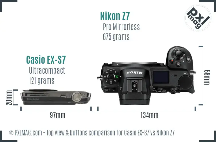 Casio EX-S7 vs Nikon Z7 top view buttons comparison