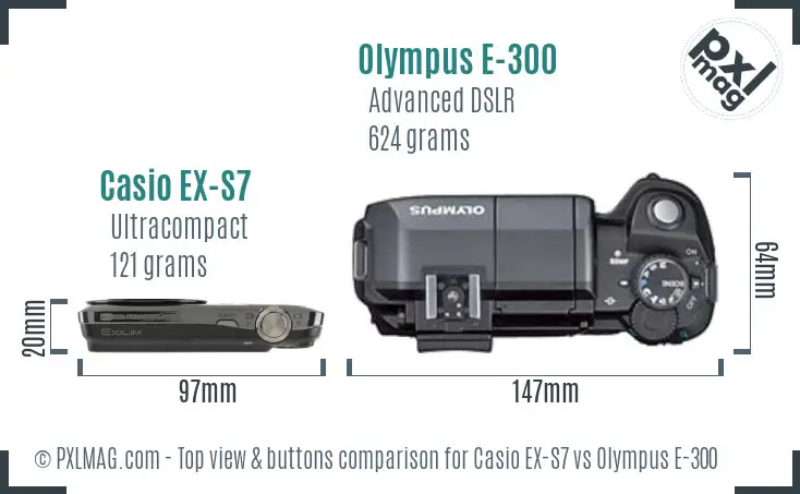 Casio EX-S7 vs Olympus E-300 top view buttons comparison