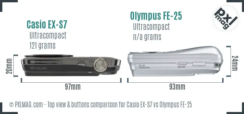 Casio EX-S7 vs Olympus FE-25 top view buttons comparison