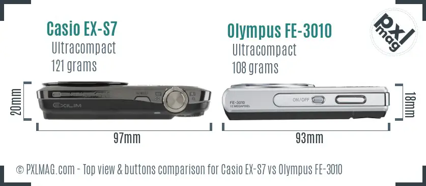 Casio EX-S7 vs Olympus FE-3010 top view buttons comparison