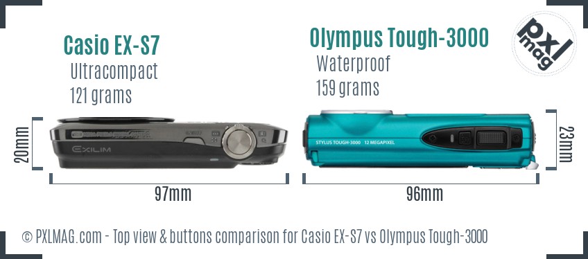 Casio EX-S7 vs Olympus Tough-3000 top view buttons comparison
