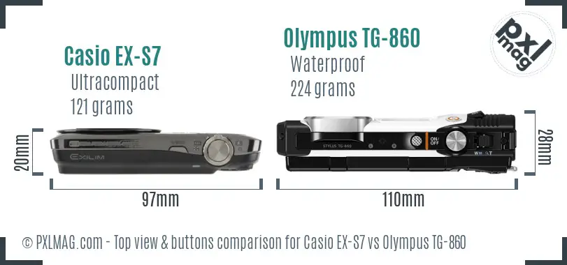 Casio EX-S7 vs Olympus TG-860 top view buttons comparison Casio EX-S7 vs Olympus TG-860 top view buttons comparison